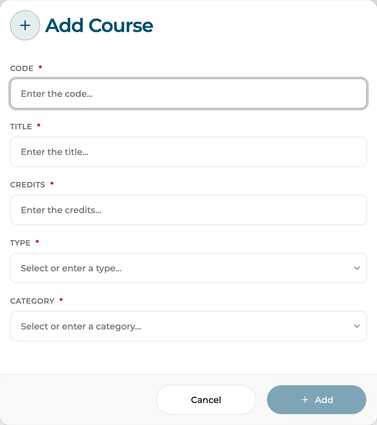 The Add Course dialog with Code, Title, Credits, Type, and Category fields