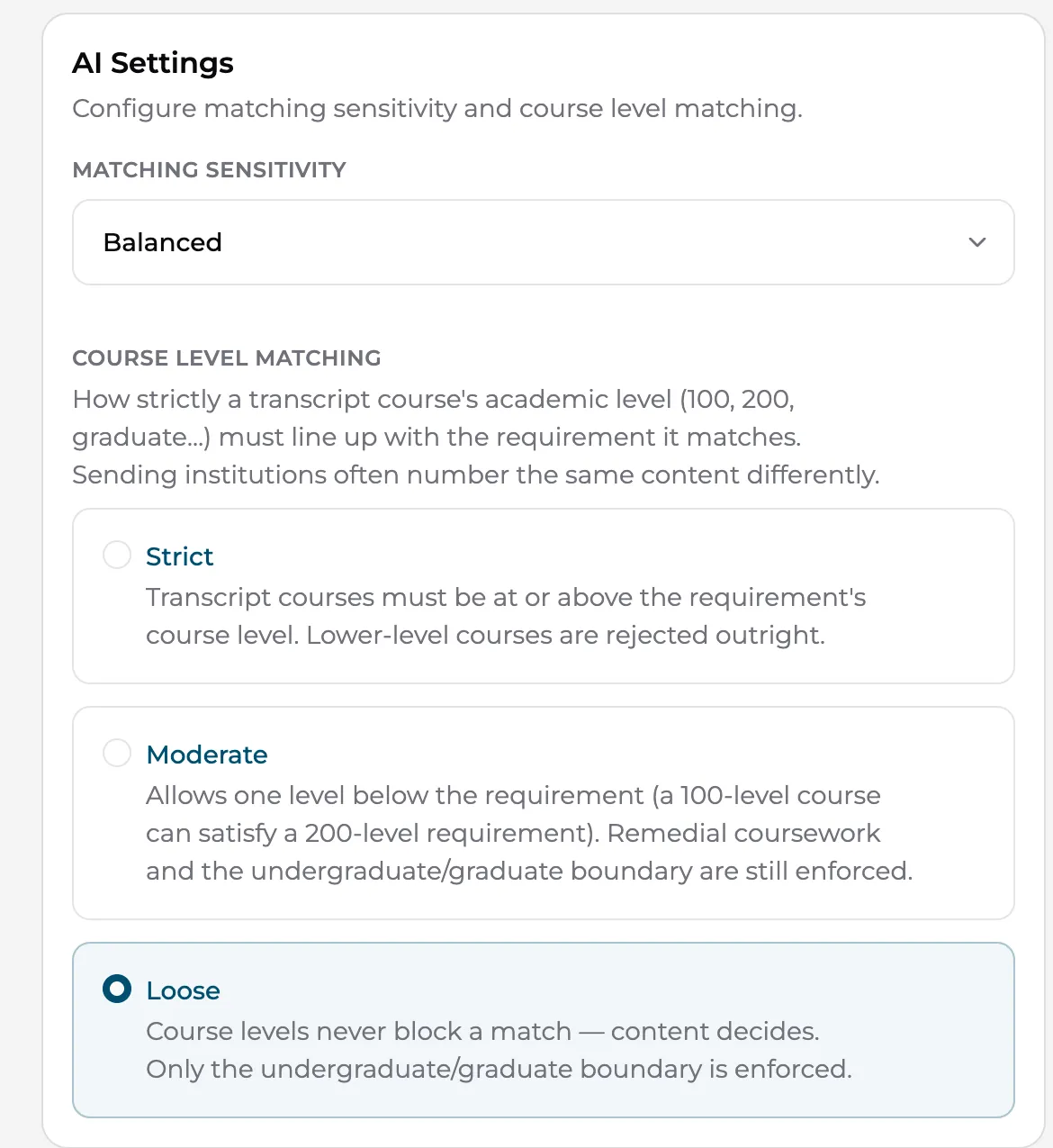 The AI Settings card: Matching Sensitivity dropdown and the Strict, Moderate, and Loose Course Level Matching options