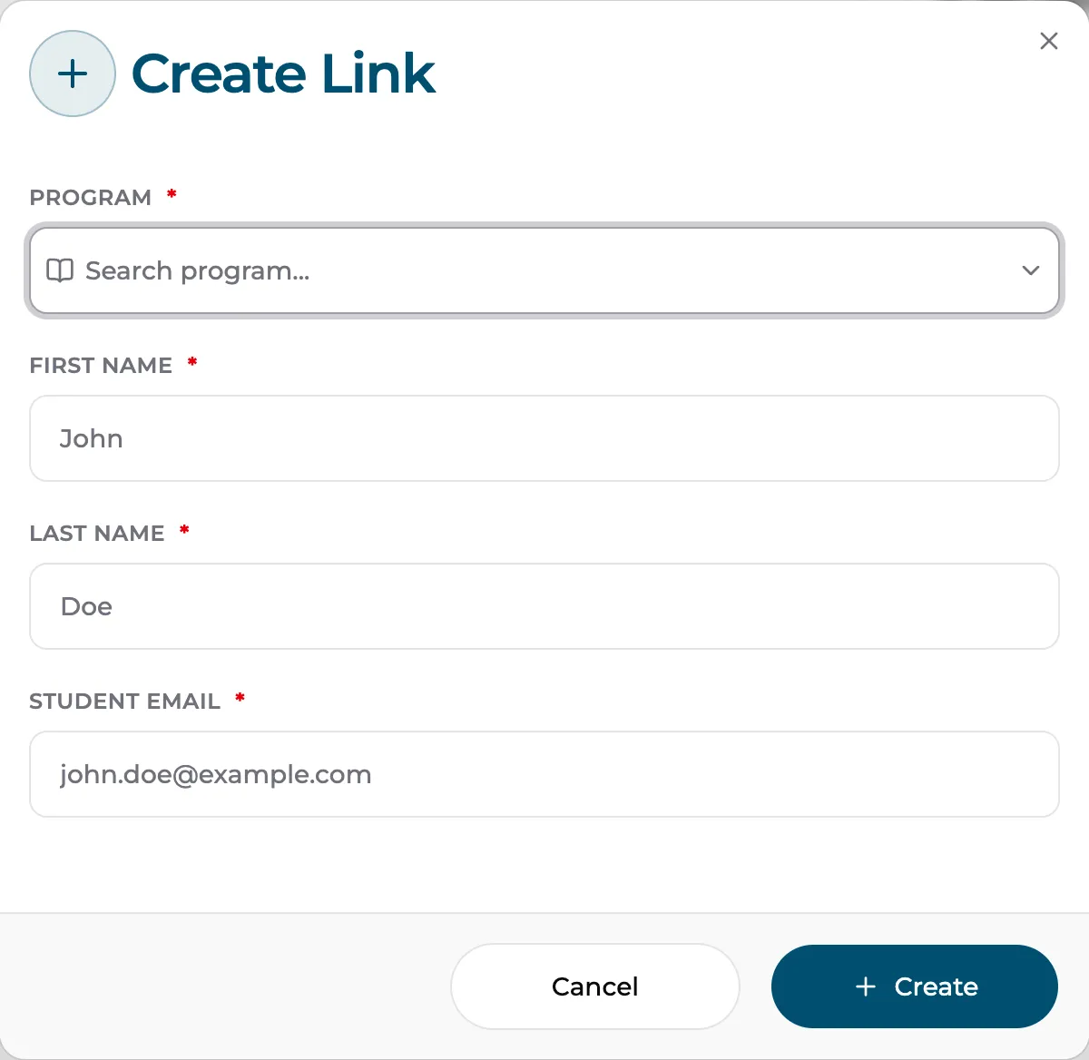 The Create Link dialog: Program, First Name, Last Name, and Student Email fields