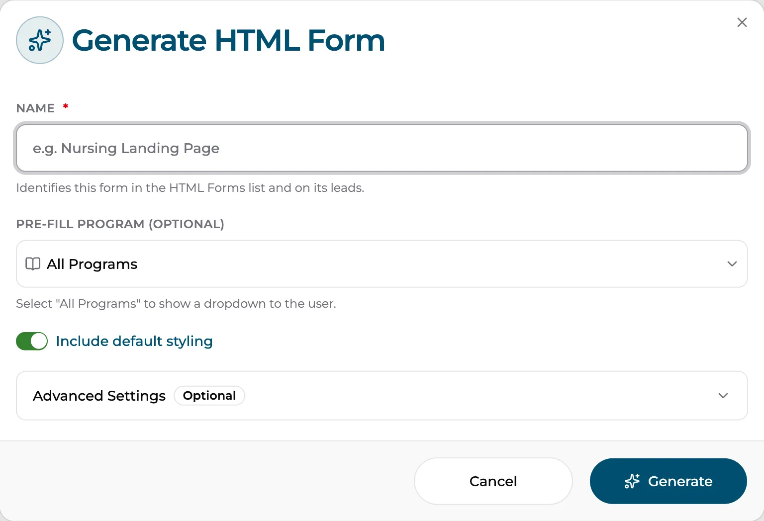 The Generate HTML Form dialog: Name, Pre-fill Program, default styling toggle, and Advanced Settings