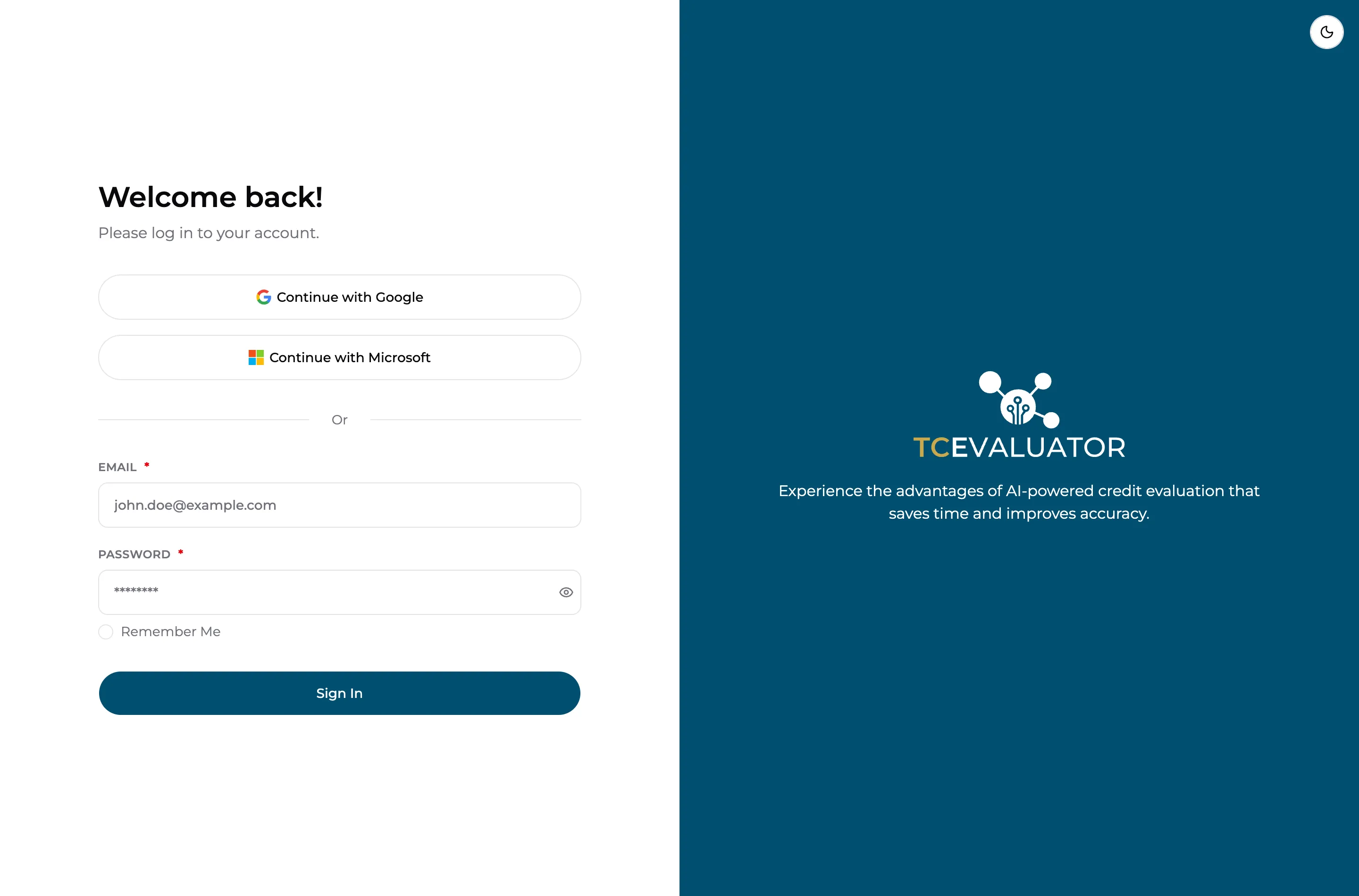 The TCEvaluator sign-in screen with Google, Microsoft, and email/password options