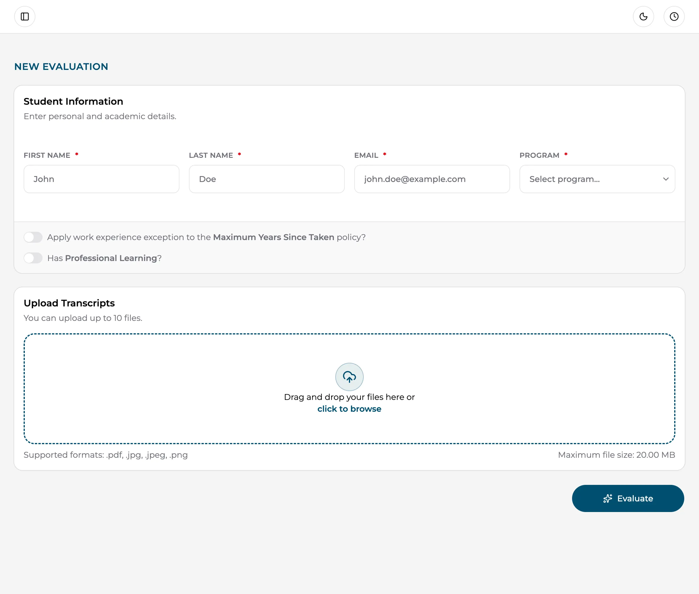 The New Evaluation page: Student Information card, policy toggles, and the Upload Transcripts dropzone