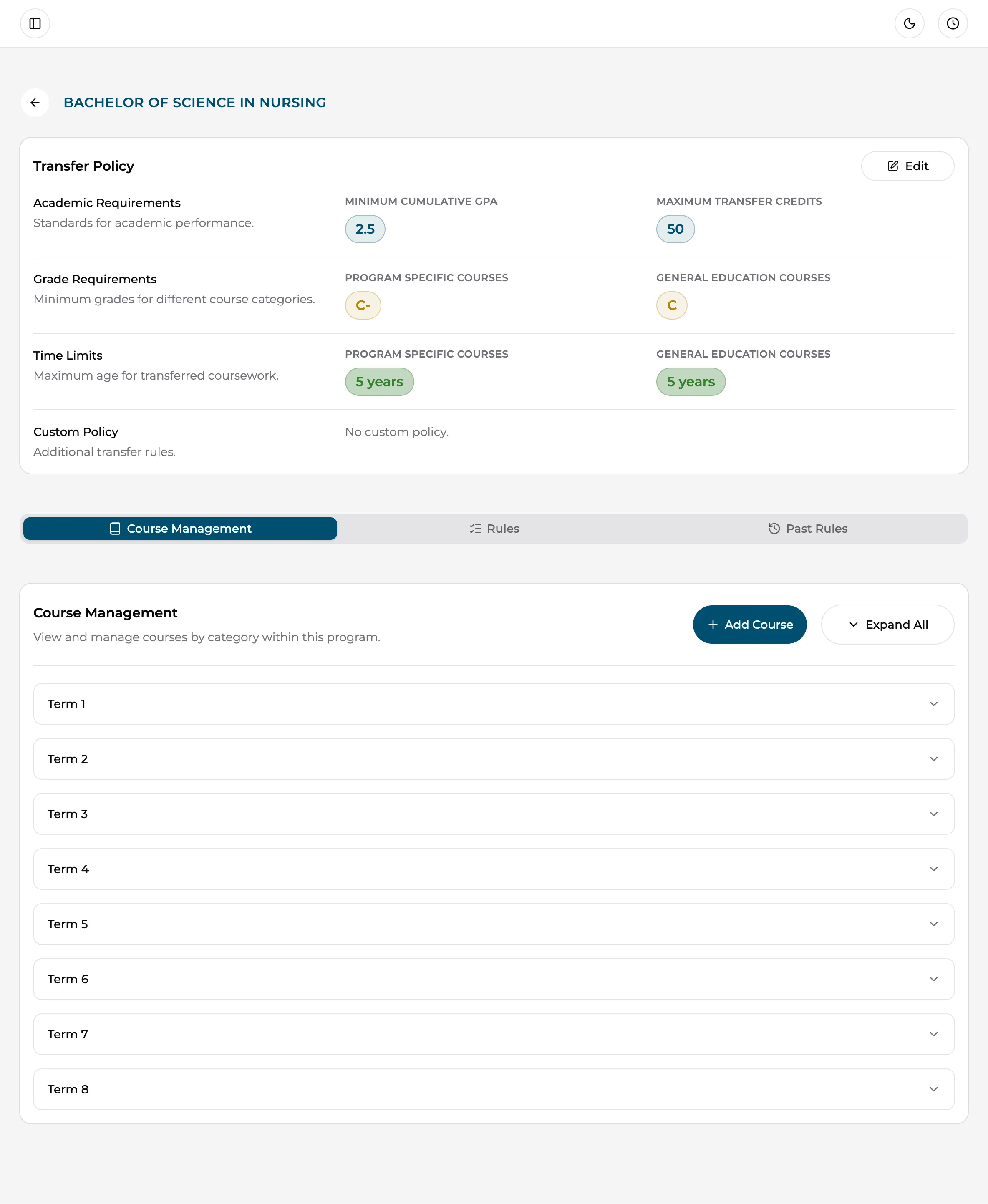 A program’s detail page: the Transfer Policy card on top, then the Course Management, Rules, and Past Rules tabs with courses grouped by term