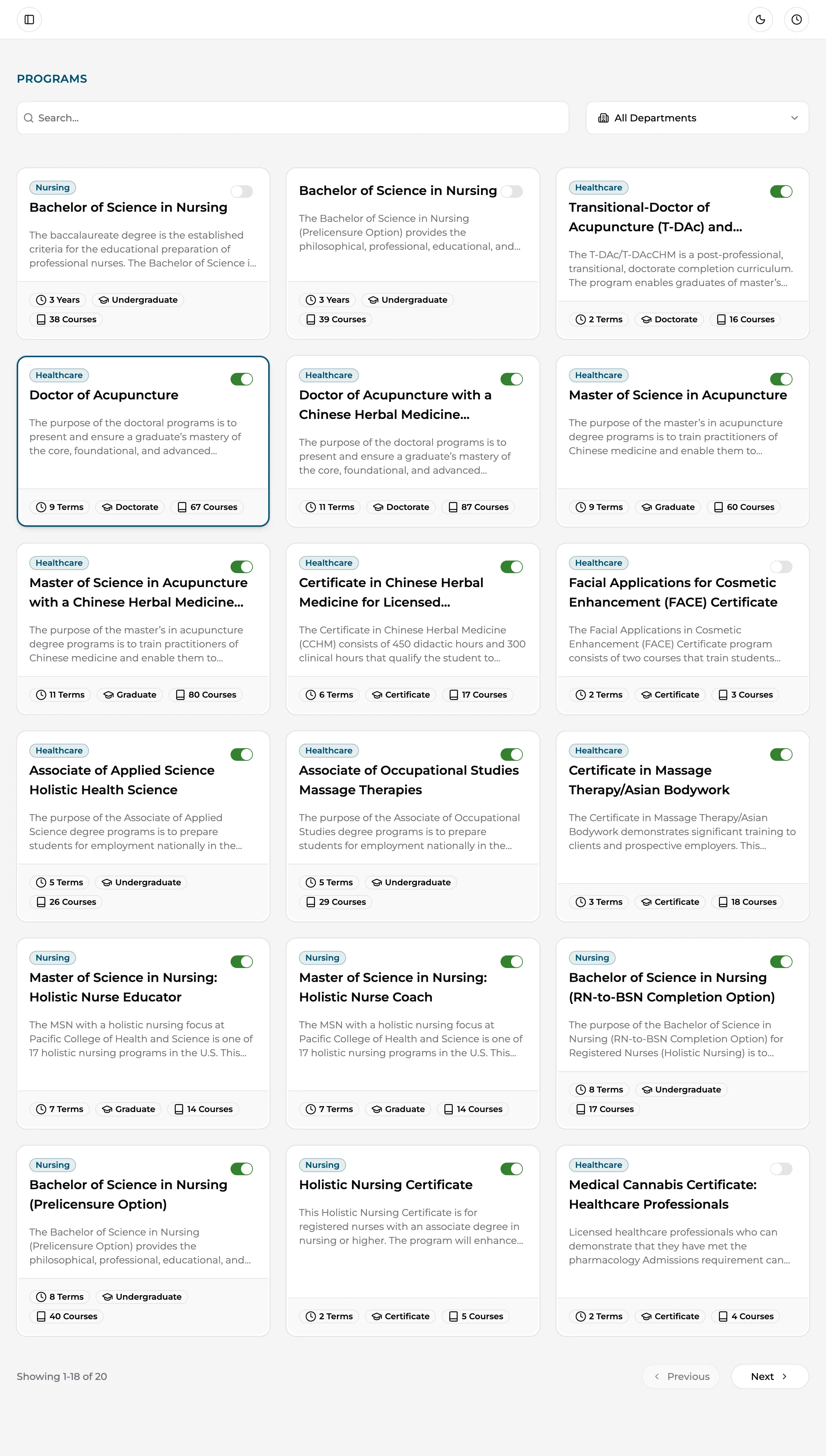 The Programs page: program cards with department badges, terms, level, course counts, and active switches