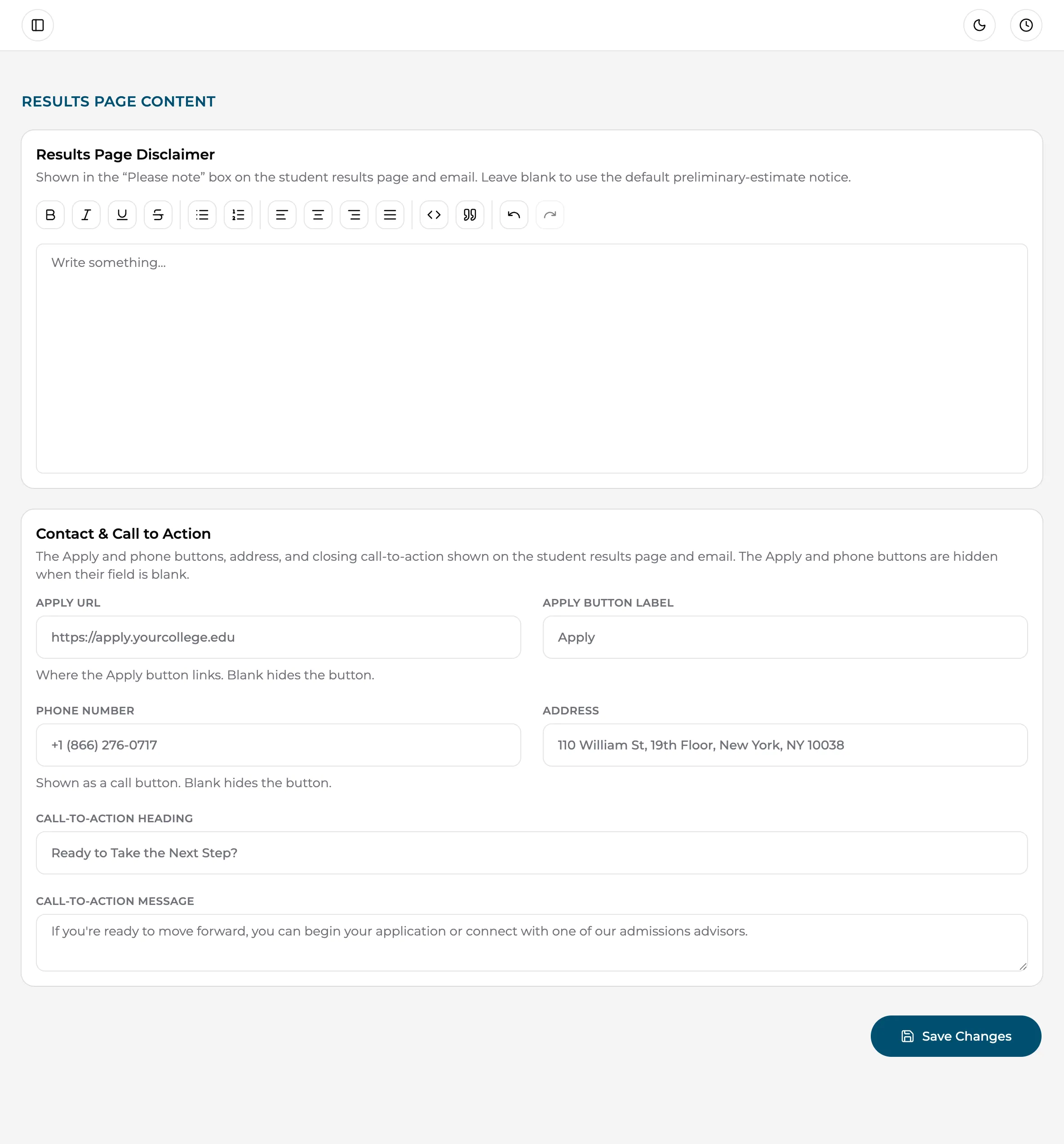 The Results Page Content editor: rich-text disclaimer plus the Contact & Call to Action fields