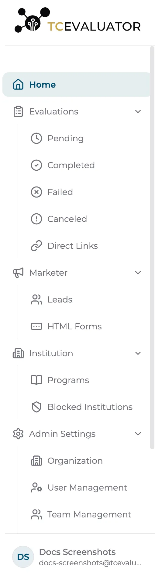 The portal sidebar: Home, Evaluations, Marketer, Institution, and Admin Settings groups